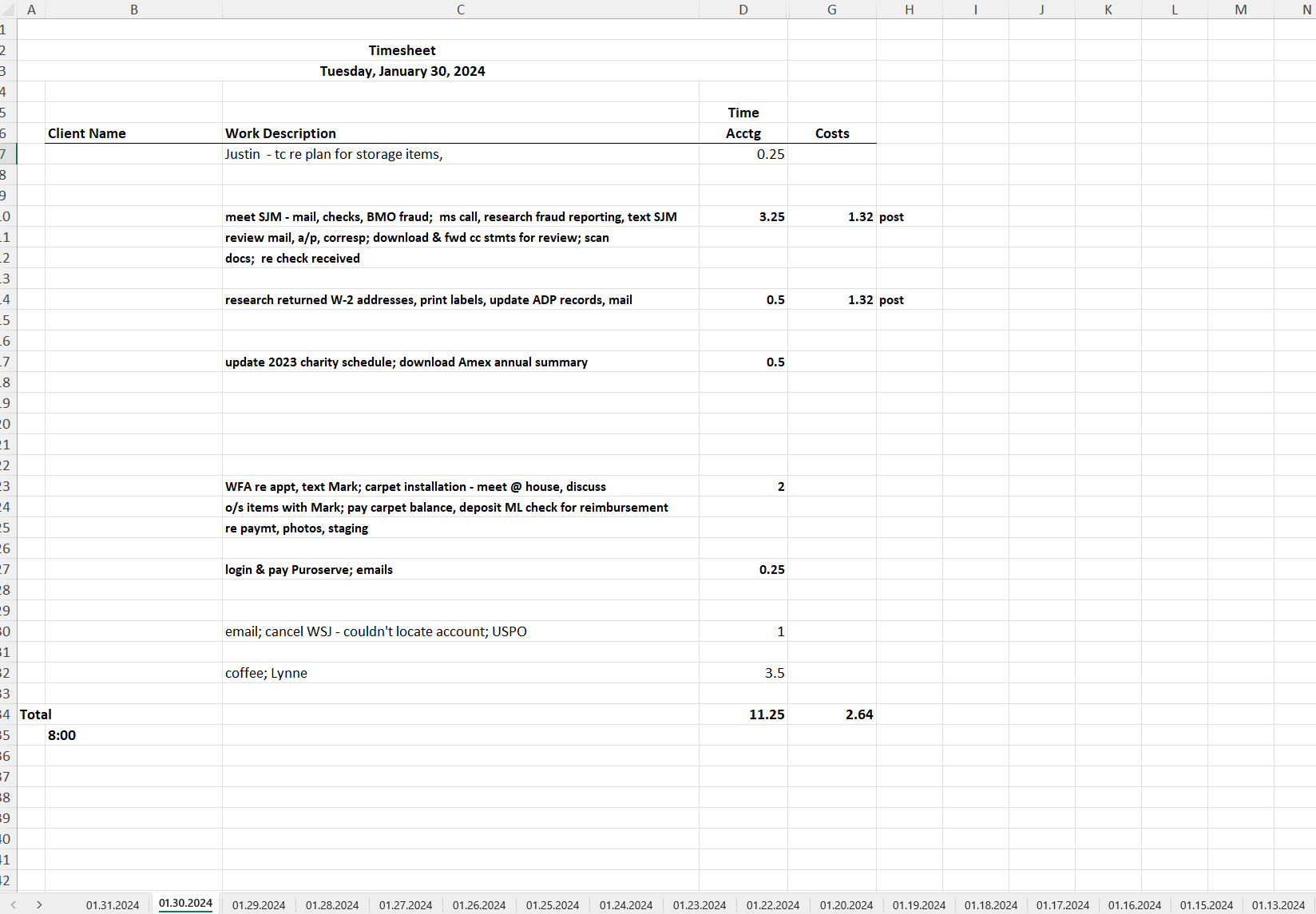 Scattered handwritten time entries